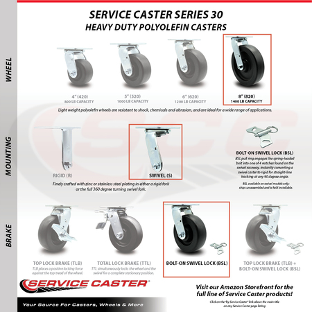 Service Caster 8 Inch Polyolefin Swivel Caster Set with Ball Bearing and Swivel Lock SCC SCC-30CS820-POB-BSL-4